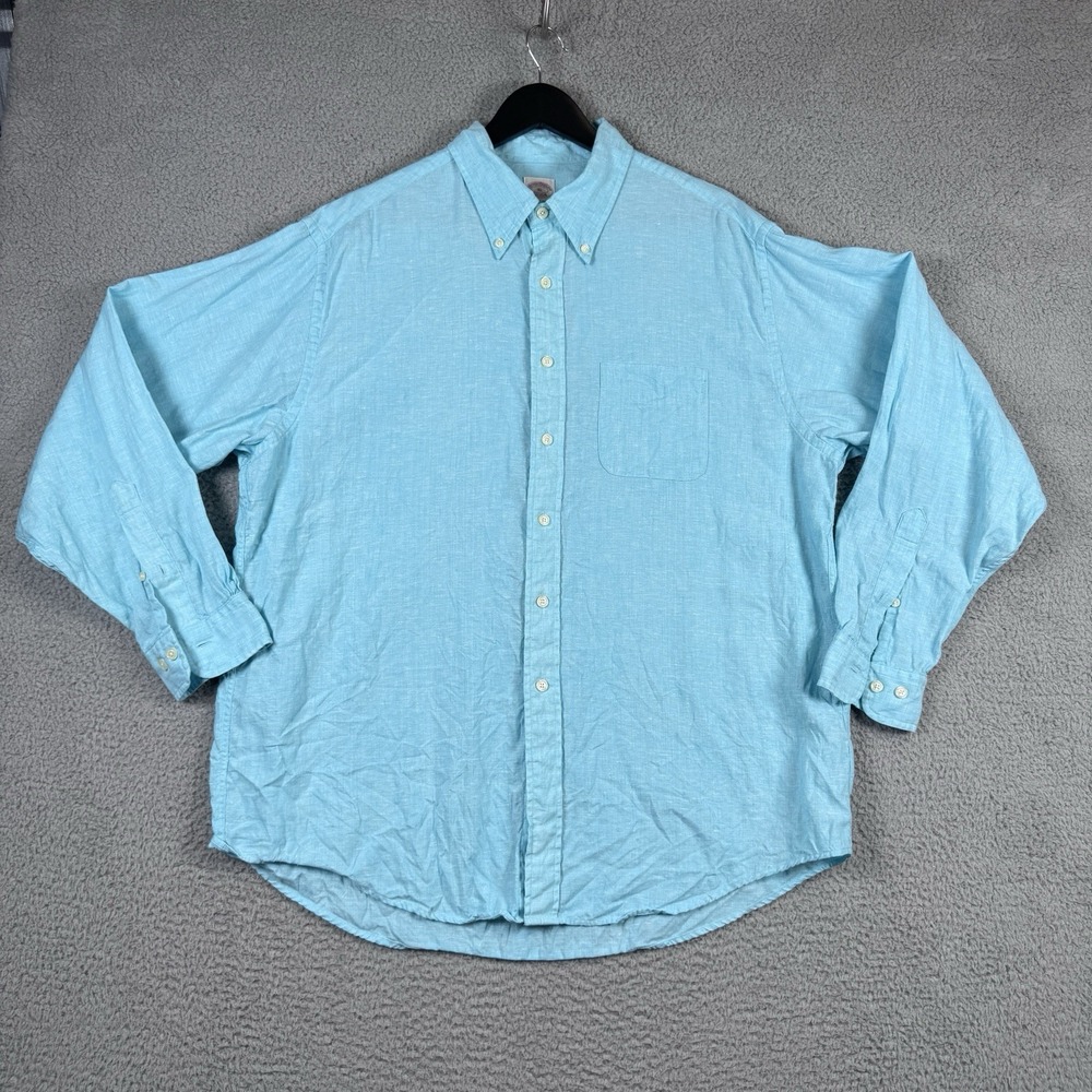 Brooks Brothers Shirt Mens XL Blue 100% Irish Linen Long Sleeve Beach Coastal